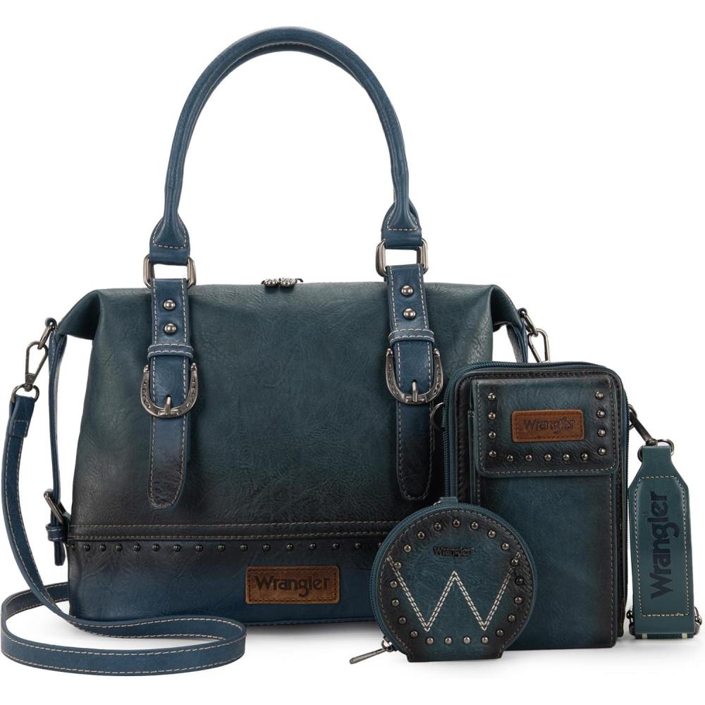 imageWrangler 3Pcs Doctor Bag Sets for Women Tophandle Satchel Bag with Cell Phone Handbag and Coin PurseJet Oxford Jean
