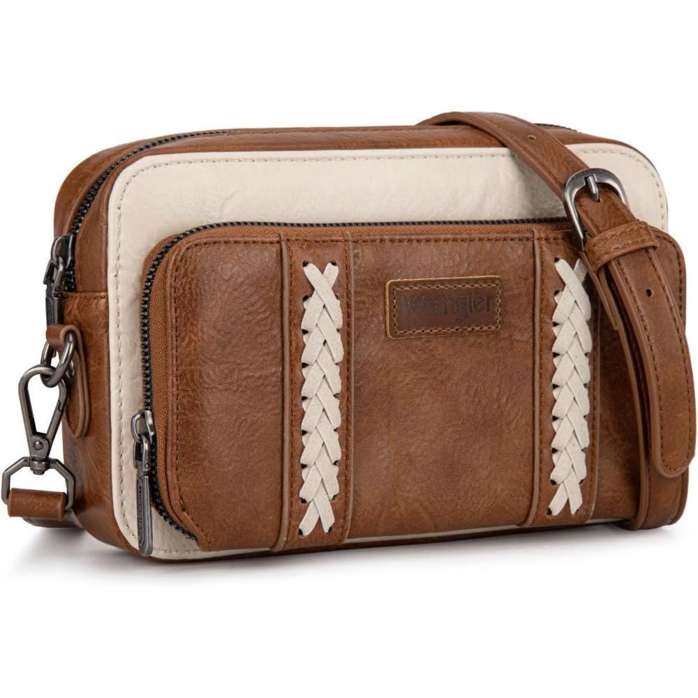 imageWrangler Crossbody Bag for Women Shoulder Purse Small Multi Pocket Crossover Bag with Adjustable StrapAbrownbeige