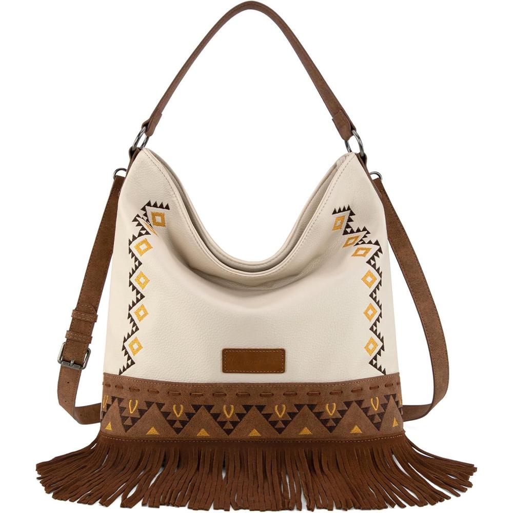 imageWrangler Shoulder Bag Aztec Purse Embroidered FringeBeige