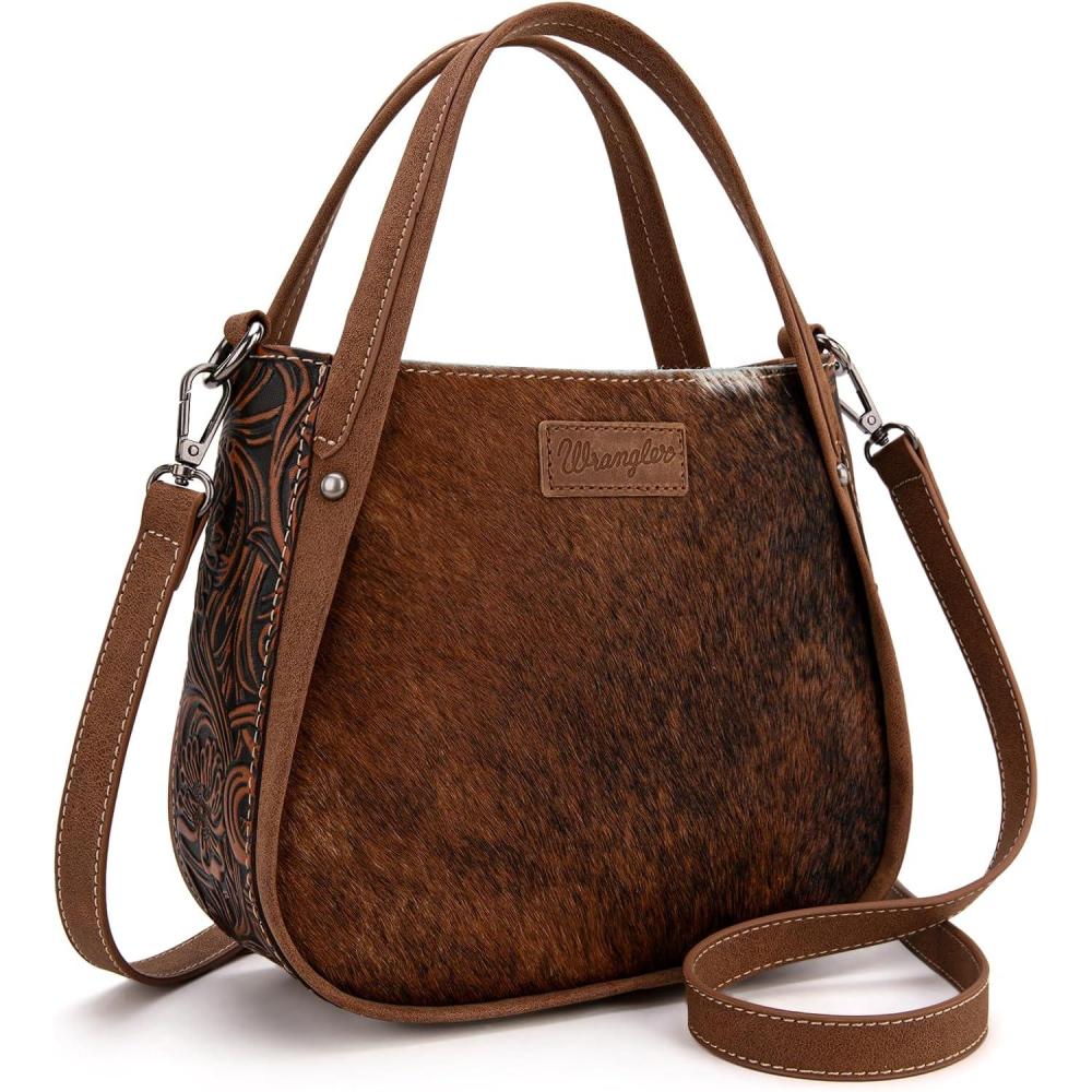 imageWrangler Small Crossbody Bag for Women Western Cowhide Horsehair Designer Tophandle HandbagsBrown