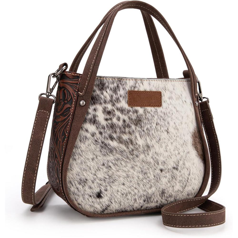 imageWrangler Small Crossbody Bag for Women Western Cowhide Horsehair Designer Tophandle HandbagsDark Coffee