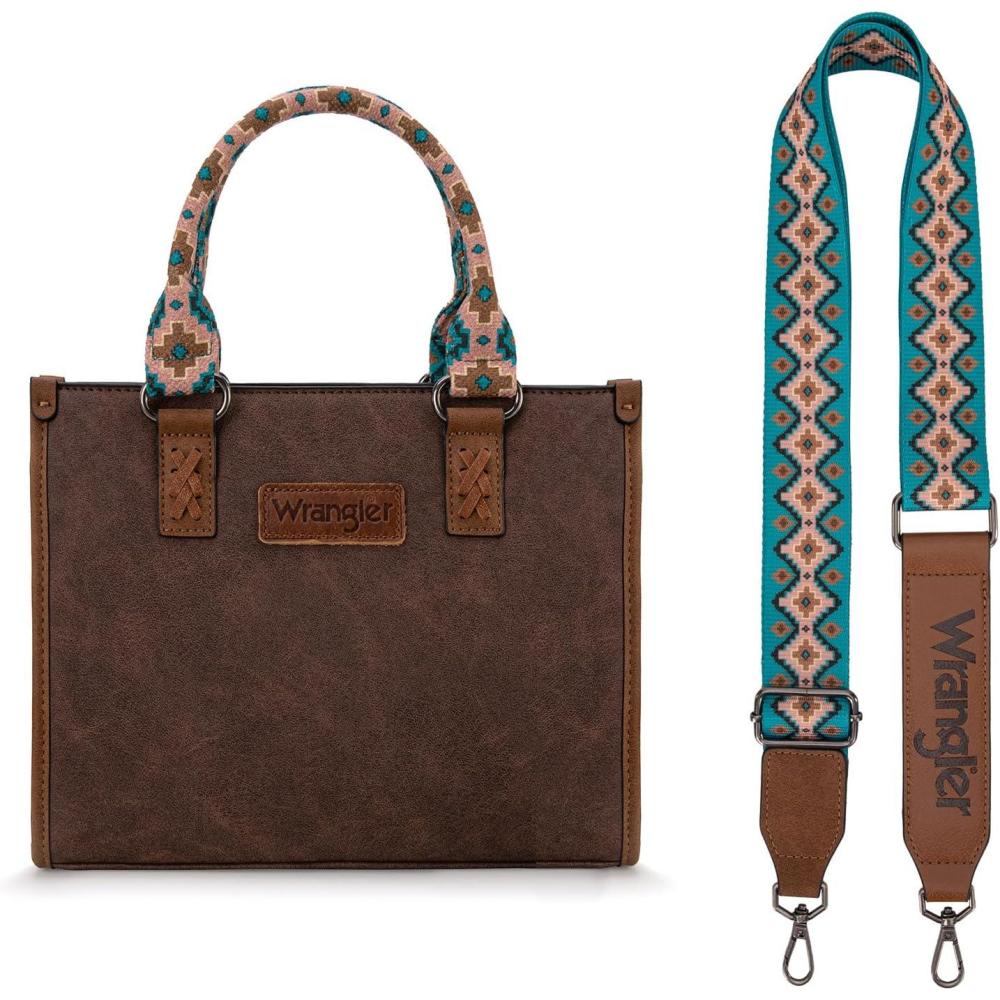 imageWrangler Tote Bag for Women Aztec Western Retro Purse Top Handle HandbagsAazteccoffee and Turquoise