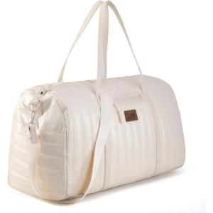 Lee Quilted Travel Duffel Bag for Women, Large Soft Puffy Lightweight Weekender Gym Bag with Adjustable Strap Water-Resistant Overnight Carry On Bag for Trips Sport Airplane Hospital(Beige)