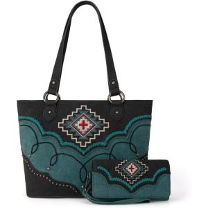 Montana West Aztec Tote Bag for Women Embroidered Western Shoulder Purse and Wallet Set(Black)