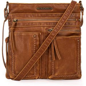 Montana West Crossbody Bag for Women Multi Pocket Shoulder Medium Travel Purses Ultra Soft Washed Leather(Vintage-camel)