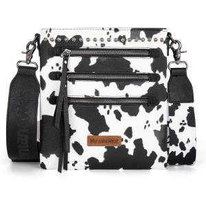 Montana West Crossbody Bags for Women Multi Pocket Cross Body Bag Purses with Guitar Strap(Vintage Cow Dark Black)