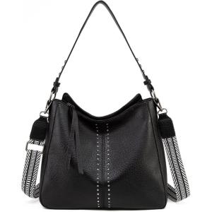 Montana West Medium Hobo Bags for Women Top Handle Satchel Shoulder Purse Bucket Handbag(Guitar Strap-black)