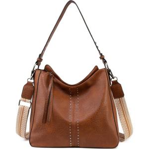 Montana West Medium Hobo Bags for Women Top Handle Satchel Shoulder Purse Bucket Handbag(Guitar Strap-brown)