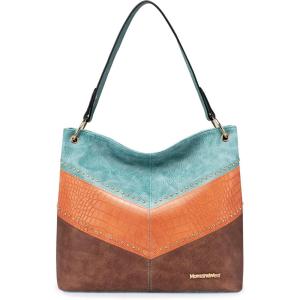 Montana West Purses for Women Hobo Shoulder Handbags with Zipper(B-light Blue/Orange/Brown)