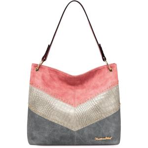 Montana West Purses for Women Hobo Shoulder Handbags with Zipper(B-pink/Marled Grey/Grey)