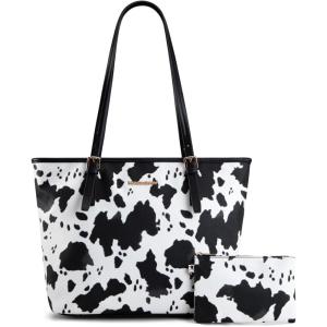 Montana West Tote Bags Vegan Leather Purses and Handbags for Women Top Handle Ladies Shoulder Bags(Cow Print Black)