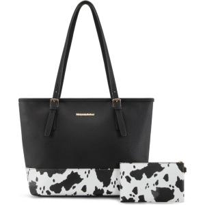 Montana West Tote Bags Vegan Leather Purses and Handbags for Women Top Handle Ladies Shoulder Bags(Cow Print H Black)