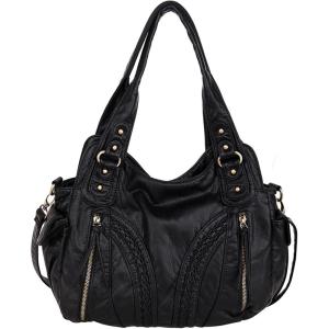 Montana West Washed Leather Hobo Bags for Women Roomy Handbags with Crossbody Strap(019 Black)
