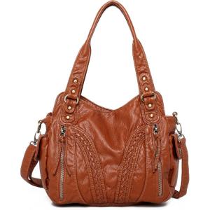 Montana West Washed Leather Hobo Bags for Women Roomy Handbags with Crossbody Strap(019 Brown)