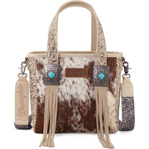 Montana West Wrangler Cowhide Tote Bag for Women Western Tooling Handbag Leather Fringing with Turquoise Stone Concho(Cowhide Beige)