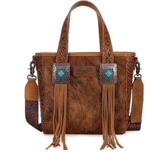 Montana West Wrangler Cowhide Tote Bag for Women Western Tooling Handbag Leather Fringing with Turquoise Stone Concho(Cowhide Brown)