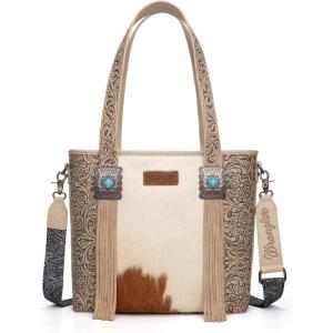 Montana West Wrangler Cowhide Tote Bag for Women Western Tooling Handbag Leather Fringing with Turquoise Stone Concho(Horse Hair Beige)