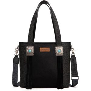 Montana West Wrangler Cowhide Tote Bag for Women Western Tooling Handbag Leather Fringing with Turquoise Stone Concho(Horse Hair Black)