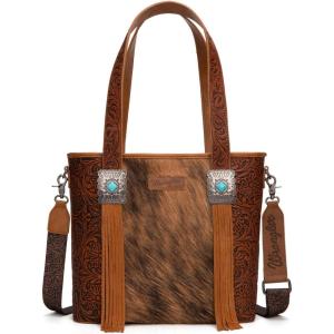 Montana West Wrangler Cowhide Tote Bag for Women Western Tooling Handbag Leather Fringing with Turquoise Stone Concho(Horse Hair Brown)