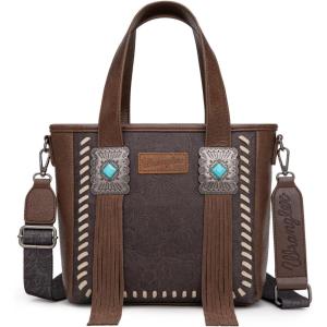 Montana West Wrangler Cowhide Tote Bag for Women Western Tooling Handbag Leather Fringing with Turquoise Stone Concho(Tooled Coffee)