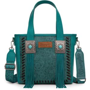 Montana West Wrangler Cowhide Tote Bag for Women Western Tooling Handbag Leather Fringing with Turquoise Stone Concho(Tooled Turquoise)