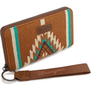 Montana West X Wrangler Wristlet Wallet Western Aztec Womens Wallet Large Capacity Long Purse RFID Clutch Purse Credit Card Holder for Women(Angel Brown)