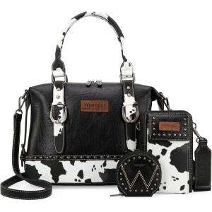 Wrangler 3Pcs Doctor Bag Sets for Women Top-handle Satchel Bag with Cell Phone Handbag and Coin Purse(Black Cow Print)