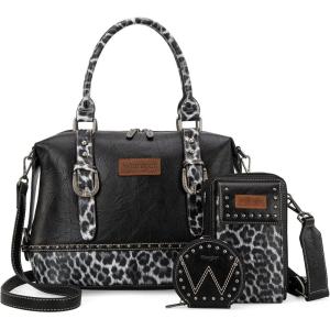 Wrangler 3Pcs Doctor Bag Sets for Women Top-handle Satchel Bag with Cell Phone Handbag and Coin Purse(Black Leopard)