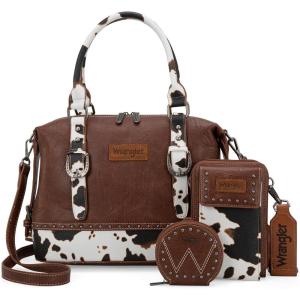 Wrangler 3Pcs Doctor Bag Sets for Women Top-handle Satchel Bag with Cell Phone Handbag and Coin Purse(Brown Cow Print)