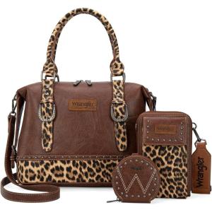 Wrangler 3Pcs Doctor Bag Sets for Women Top-handle Satchel Bag with Cell Phone Handbag and Coin Purse(Brown Leopard)