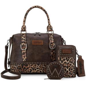 Wrangler 3Pcs Doctor Bag Sets for Women Top-handle Satchel Bag with Cell Phone Handbag and Coin Purse(Coffee Leopard)