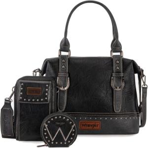 Wrangler 3Pcs Doctor Bag Sets for Women Top-handle Satchel Bag with Cell Phone Handbag and Coin Purse(Eye-catching Black)