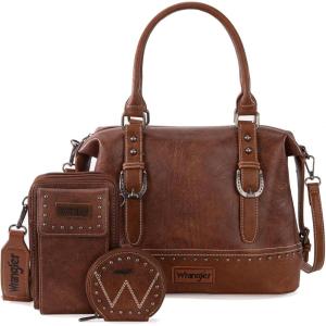 Wrangler 3Pcs Doctor Bag Sets for Women Top-handle Satchel Bag with Cell Phone Handbag and Coin Purse(Eye-catching Brown)