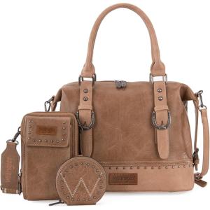 Wrangler 3Pcs Doctor Bag Sets for Women Top-handle Satchel Bag with Cell Phone Handbag and Coin Purse(Eye-catching Khaki)