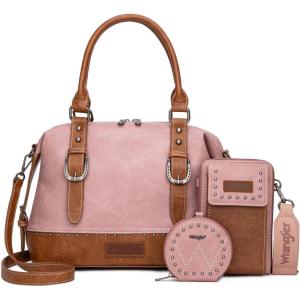 Wrangler 3Pcs Doctor Bag Sets for Women Top-handle Satchel Bag with Cell Phone Handbag and Coin Purse(Pink)