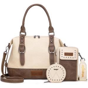 Wrangler 3Pcs Doctor Bag Sets for Women Top-handle Satchel Bag with Cell Phone Handbag and Coin Purse(Tan)