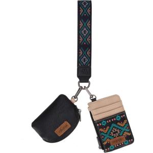Wrangler Aztec Keychain Wristlet Wallets for Women Western Dual Pouch Wristlet Credit Card Holder Wallet with Zipper Pocket WG2213-W0051CF(Aztec-Black)