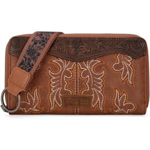 Wrangler Wristlet Wallets Western Wallet for Women Floral Tooled Womens Wallet Boot Stitch Purses(A-tooling-brown)