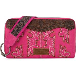 Wrangler Wristlet Wallets Western Wallet for Women Floral Tooled Womens Wallet Boot Stitch Purses(A-tooling-hot Pink)