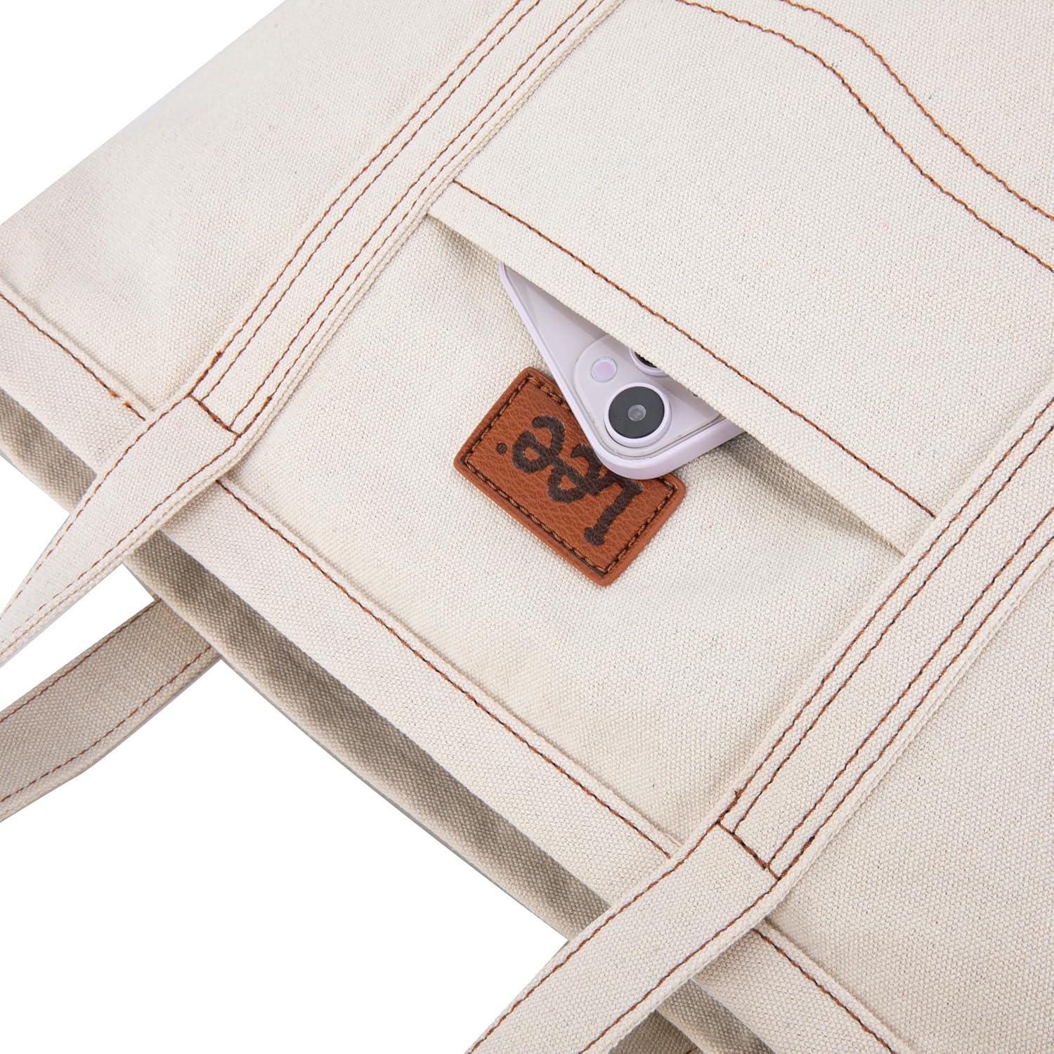 imagex Lee Tote Bag for Women Denim Canvas Top Handle Shoulder Purse Handbags with MultiPocket for Work Travel ampamp Everyday UseBeige
