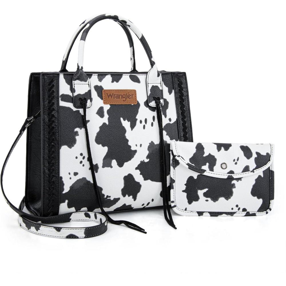 imageWrangler Tote Bag for Women Western Cowhide Purse and Wallet SetCow Print Black