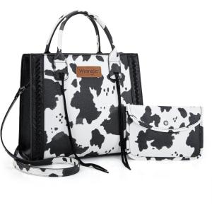 Wrangler Tote Bag for Women Western Cowhide Purse and Wallet Set(Cow Print – Black)