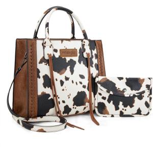 Wrangler Tote Bag for Women Western Cowhide Purse and Wallet Set(Cow Print – Brown)