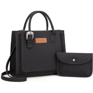 Wrangler Tote Bag for Women Western Cowhide Purse and Wallet Set(Retro Jet Black)