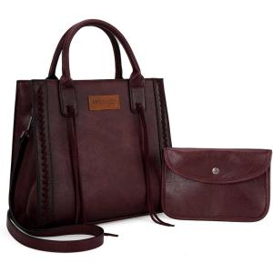 Wrangler Tote Bag for Women Western Cowhide Purse and Wallet Set(Vintage Plum Wine Red)