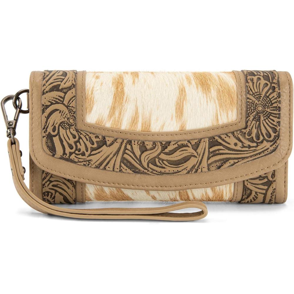 imageMontana West Wristlet Wallets for Women Western Floral Tooled Cowhide Wallets Large Capacity Trifold Wallet with ID WindowApricot