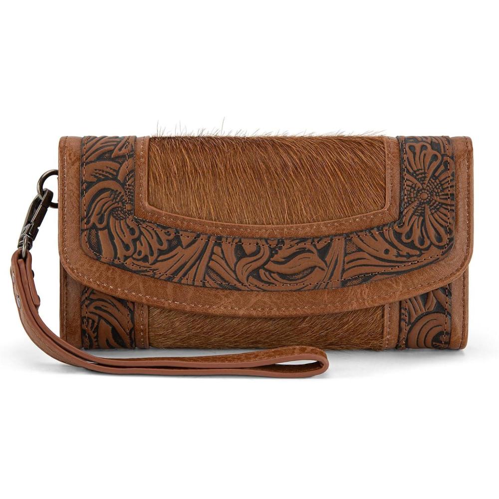 imageMontana West Wristlet Wallets for Women Western Floral Tooled Cowhide Wallets Large Capacity Trifold Wallet with ID WindowBrown