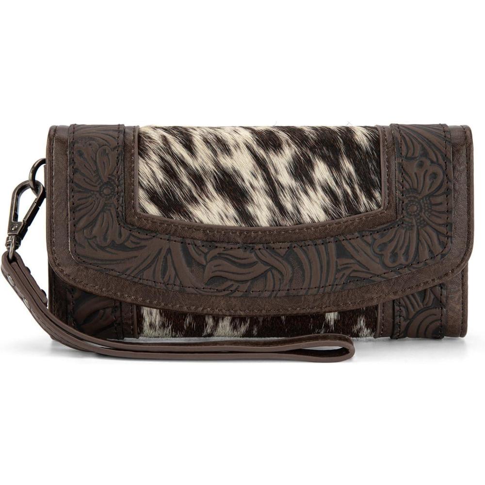 imageMontana West Wristlet Wallets for Women Western Floral Tooled Cowhide Wallets Large Capacity Trifold Wallet with ID WindowCoffee