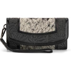 Montana West Wristlet Wallets for Women Western Floral Tooled Cowhide Wallets Large Capacity Trifold Wallet with ID Window(Black)