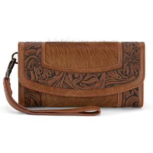 Montana West Wristlet Wallets for Women Western Floral Tooled Cowhide Wallets Large Capacity Trifold Wallet with ID Window(Brown)